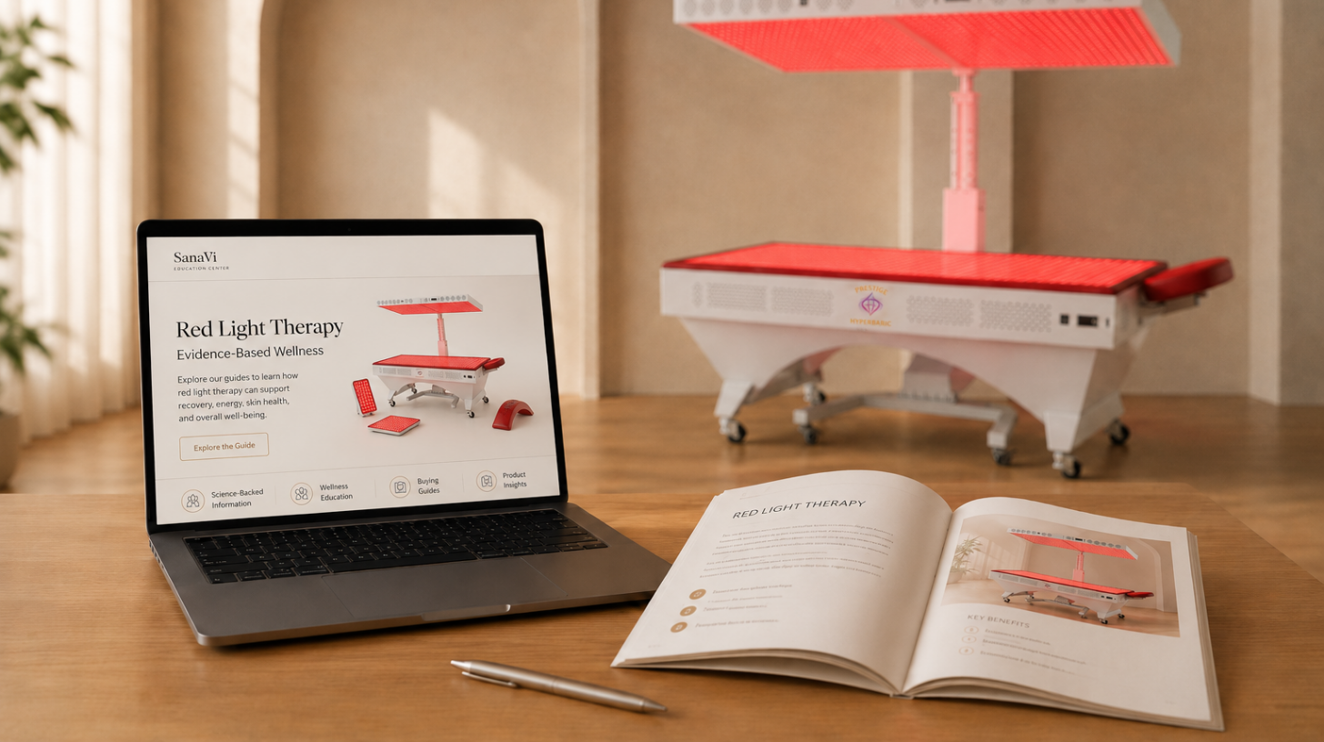 SanaVi wellness articles image showing a laptop, tablet, open guide, and education center resources for learning about wellness systems