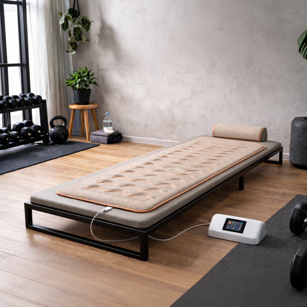 Whole body vibration therapy mat in a modern home wellness and recovery room, designed for circulation support, muscle activation, and restorative therapy.