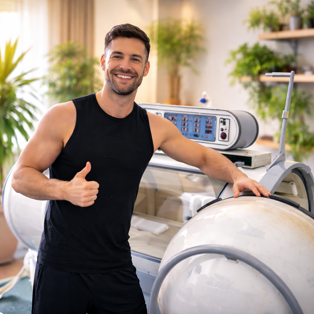 Athletic man standing beside a clinical hyperbaric oxygen therapy chamber, smiling and giving a thumbs-up in a professional medical wellness setting.