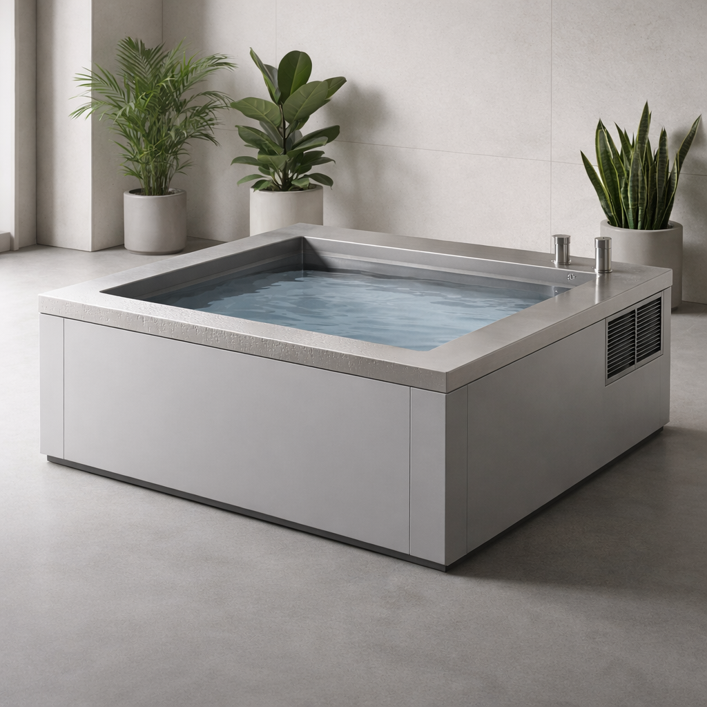 Temperature-controlled cold plunge tub system designed to support controlled cold water immersion and thermoregulatory heat exchange.