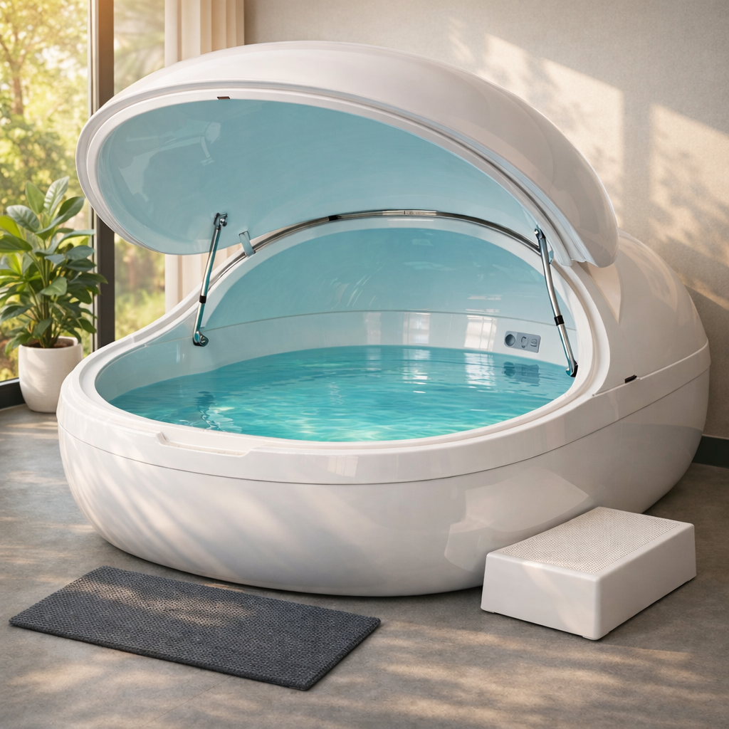 Modern float pod with lid open in a structured studio setting, showing high-density magnesium-sulfate water designed for buoyant floating and environmental stability.