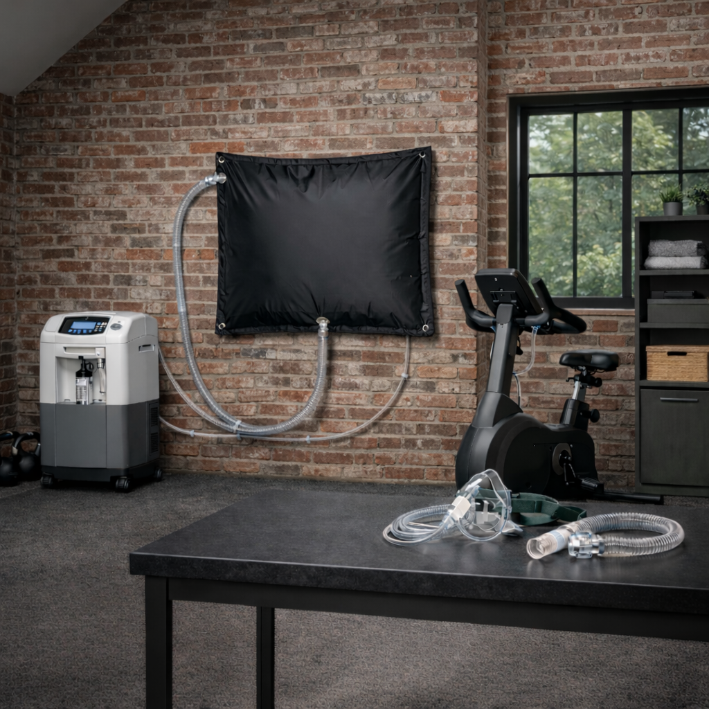 EWOT system installed in a home gym with wall-mounted oxygen reservoir bag, large-diameter corrugated breathing hose, stationary bike, and concentrator configured for oxygen-enriched exercise.