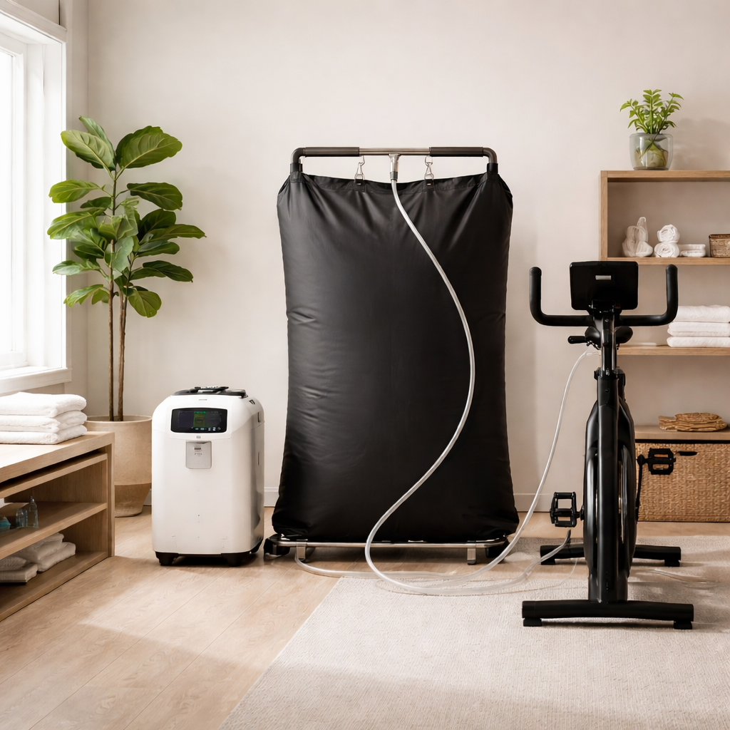 Exercise With Oxygen Therapy (EWOT) system positioned on a covered patio with oxygen concentrator, suspended reservoir bag, tubing, and treadmill connection in open-air environment.