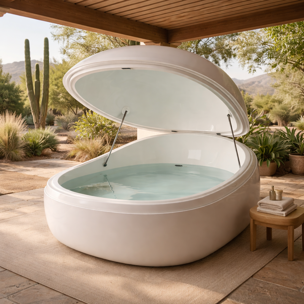 Modern float tank pod installed on a covered desert patio with open lid and calm water, illustrating controlled low-stimulation environment supporting nervous system regulation.