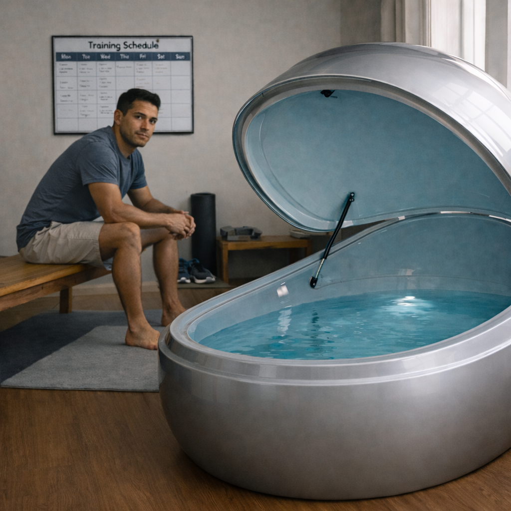 Hispanic male athlete seated beside an open float tank reviewing training schedule, illustrating performance recovery planning and consistent session integration.