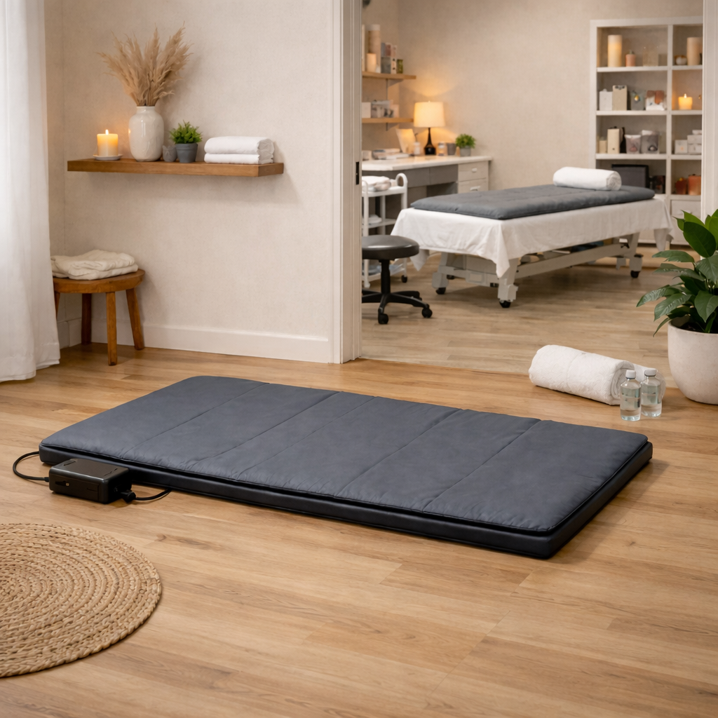Home-based PEMF system positioned in a private residential wellness room illustrating embedded infrastructure and continuous access.