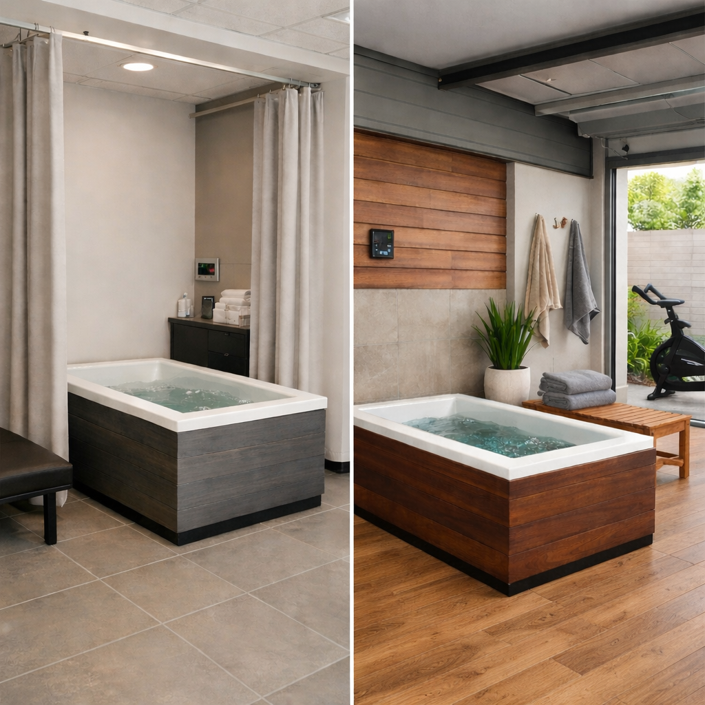 Side-by-side comparison of residential and commercial cold plunge installations showing differences in space design and environmental structure.