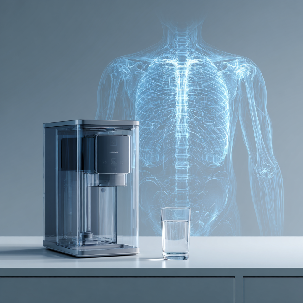Hydrogen water generator and glass of water with subtle anatomical overlay illustrating hydration physiology and oxidation-reduction (Redox) interaction.
