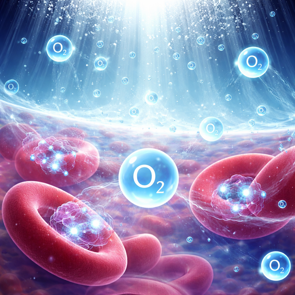 Abstract medical illustration showing oxygen diffusion in blood plasma under increased pressure, illustrating the physiological mechanism of hyperbaric oxygen therapy.