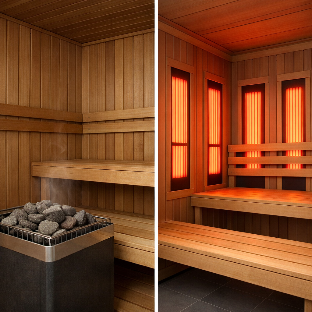 Side-by-side comparison of traditional dry sauna heater stones and infrared heating panels showing different heat delivery mechanisms.