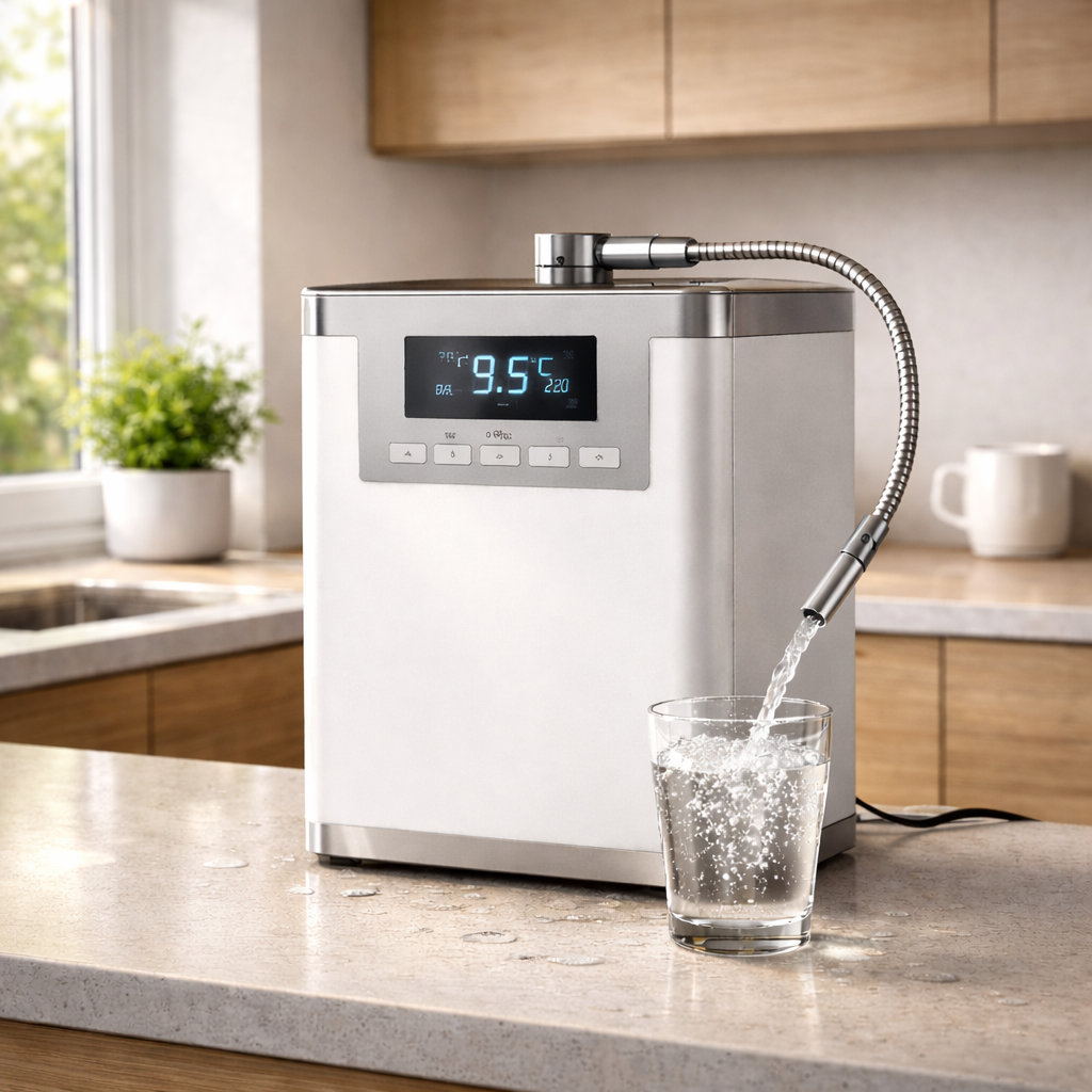 Modern ionized and hydrogen-enriched water system dispensing water into a glass, displaying measurable pH and ORP values in a structured kitchen setting.