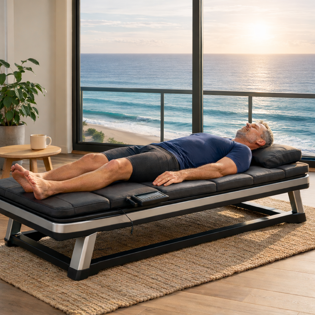 Modern massage bed system supporting nervous system regulation through repeated mechanical pressure in a residential ocean-view setting.