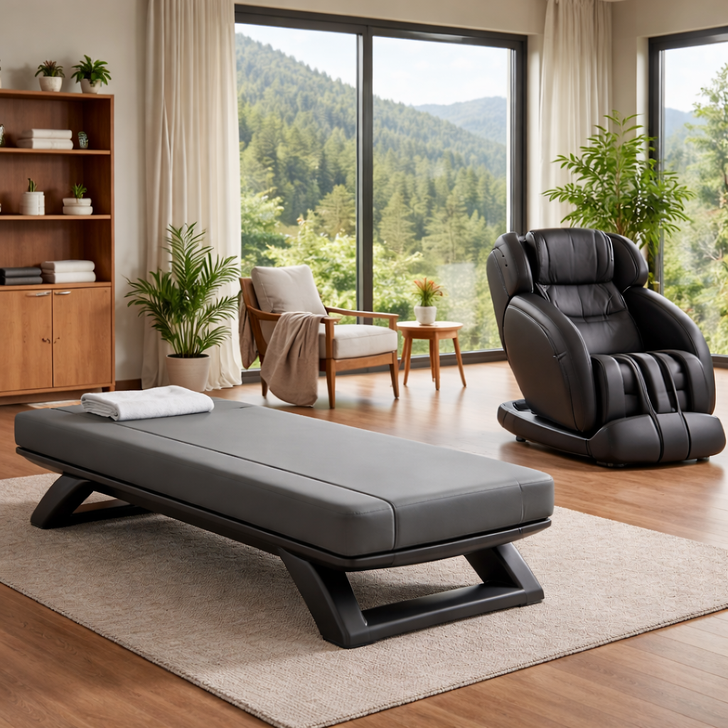 Massage chair and massage bed integrated into a residential wellness space with natural light, modern furniture, and structured home recovery layout