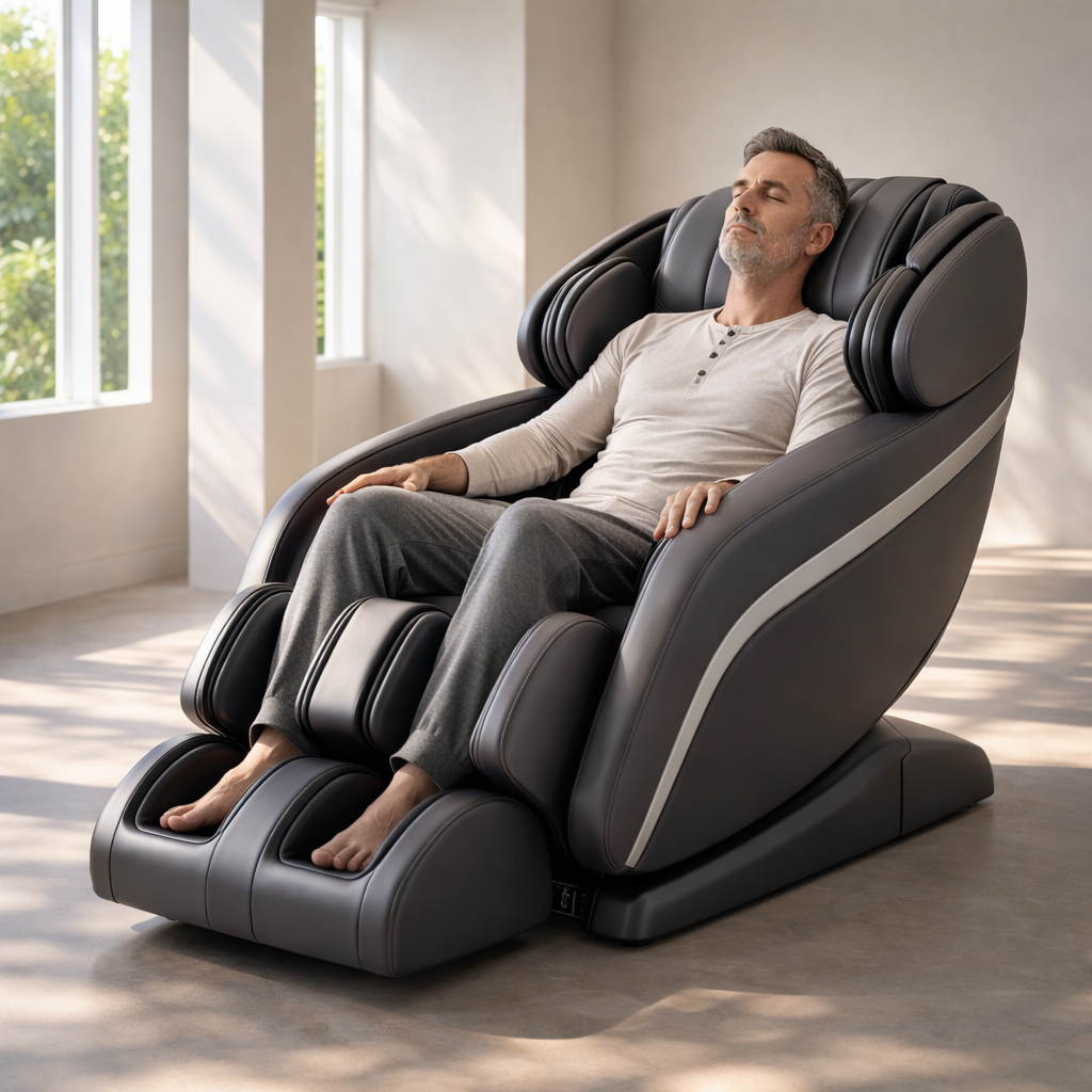 Middle-aged man seated in a modern massage chair demonstrating controlled mechanical pressure and guided movement within a structured recovery session.