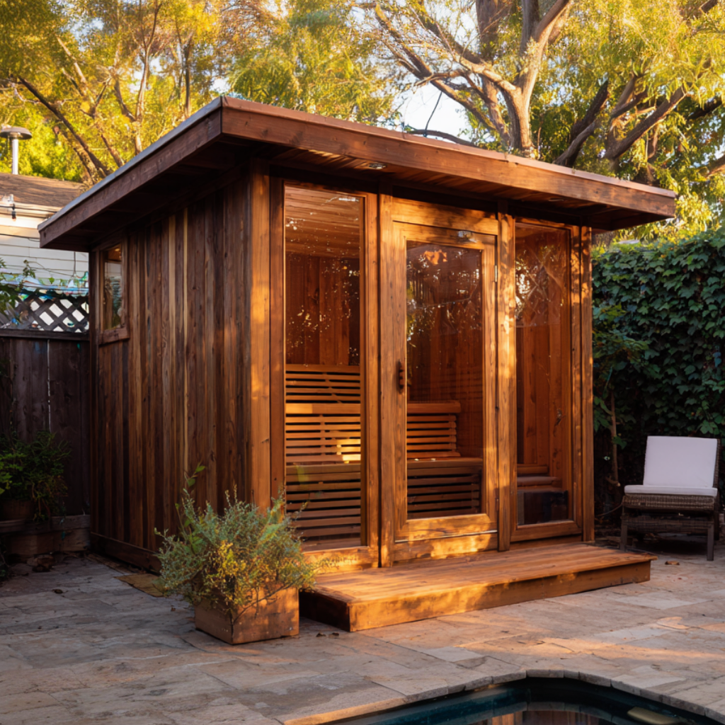 Outdoor traditional sauna cabin in a landscaped backyard, featuring a wood-built structure designed for heated air sauna use and thermal exposure.
