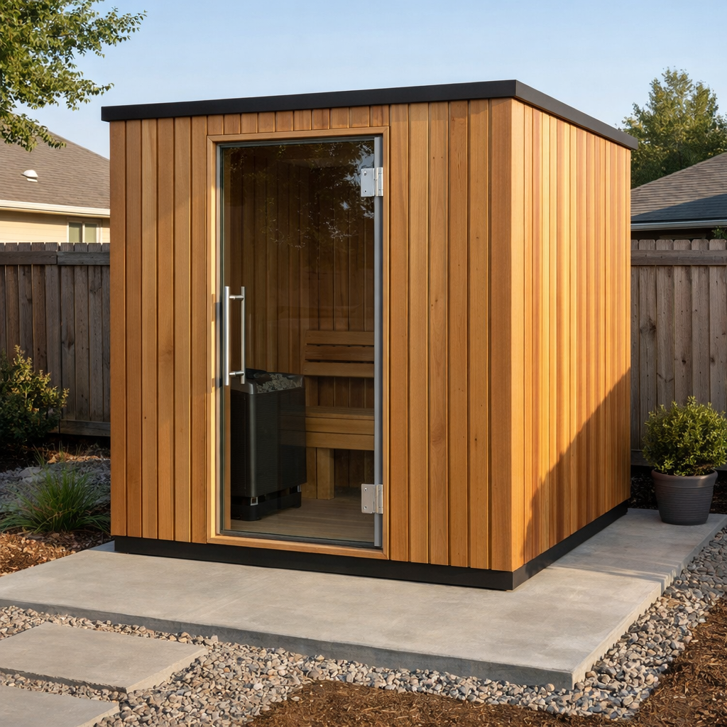 Traditional outdoor sauna cabin installed on a concrete slab in a fenced residential backyard, showing structural placement and weather-protected installation context.