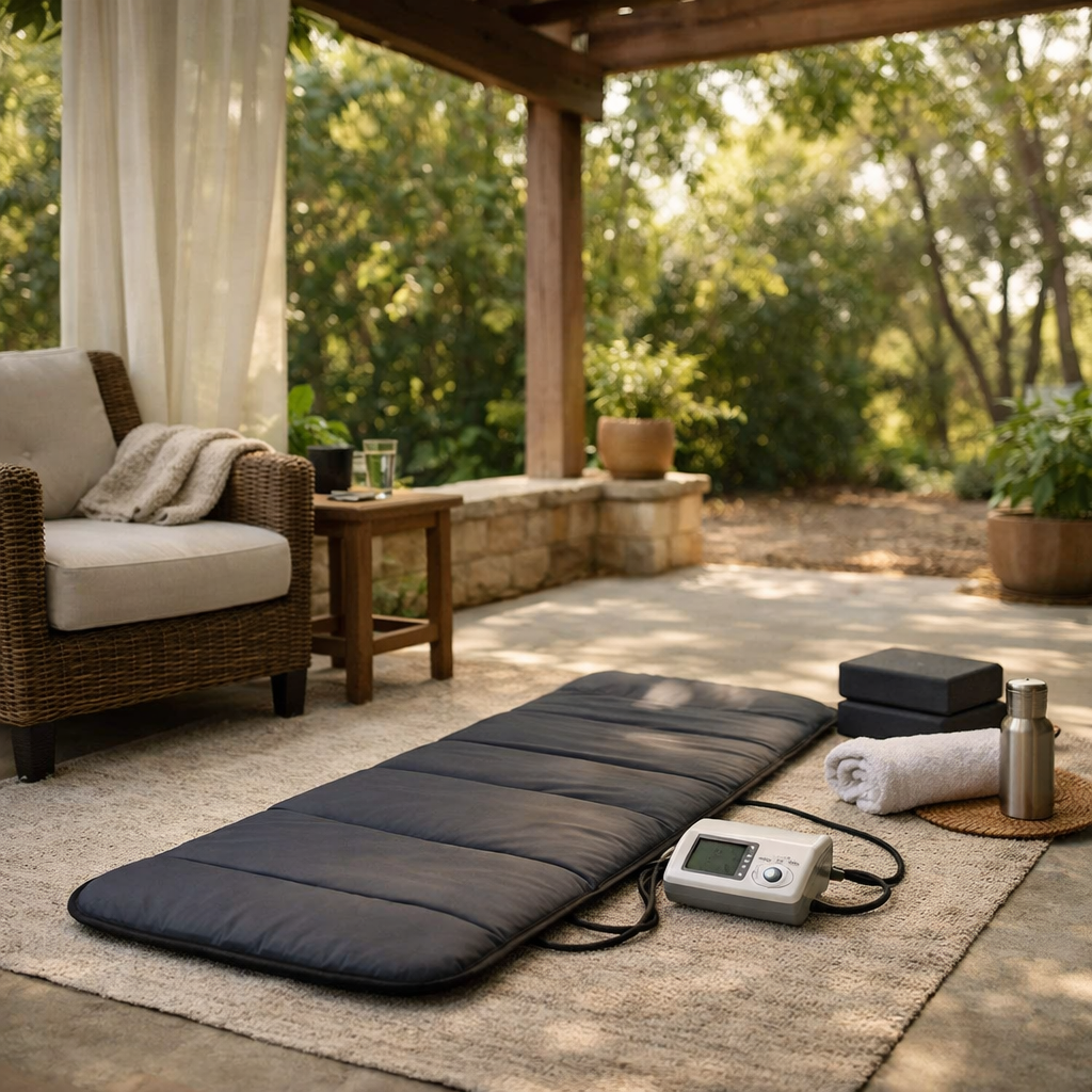 PEMF system placed on a covered outdoor patio in a residential setting, shown as part of a quiet wellness and recovery environment without active use.
