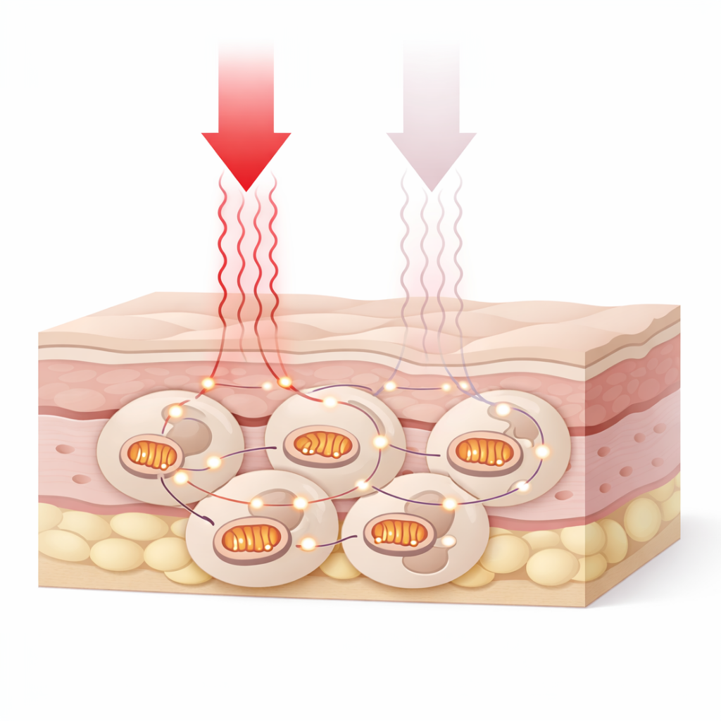 Conceptual illustration showing red and near-infrared light interacting with layered biological tissue and cellular signaling structures involved in photobiomodulation.
