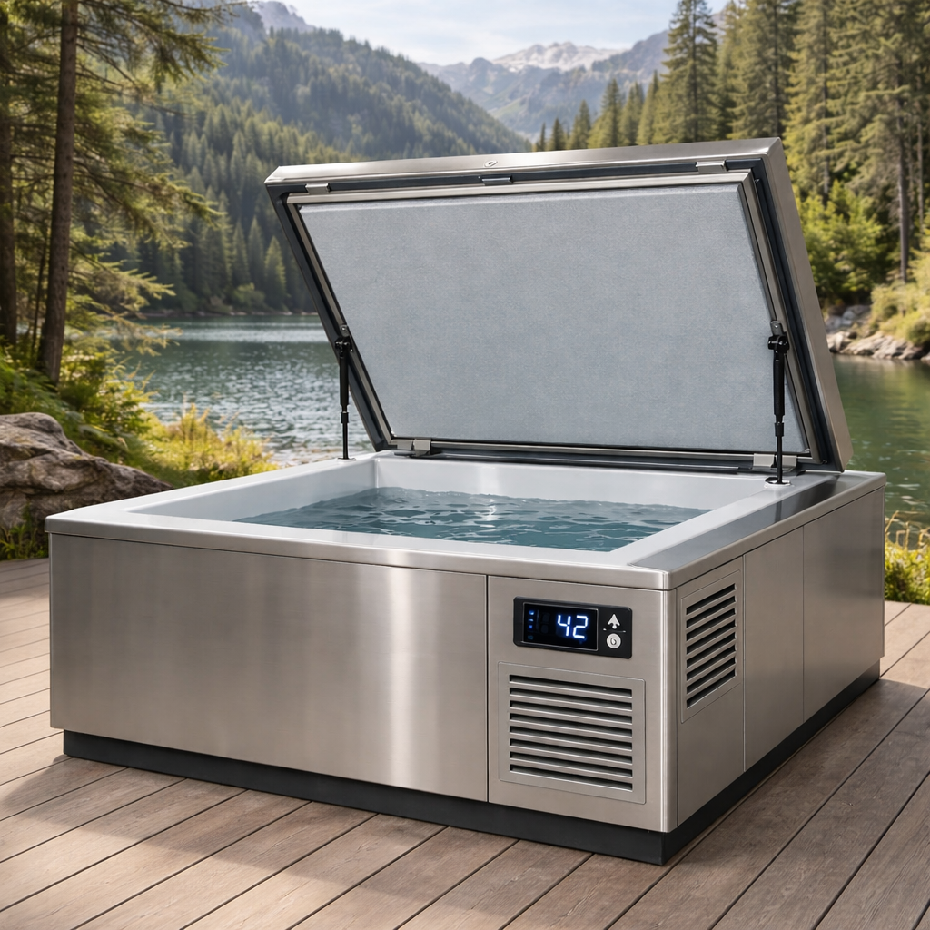 Outdoor temperature-controlled cold plunge tub with integrated digital control panel illustrating regulated cold-water immersion infrastructure.