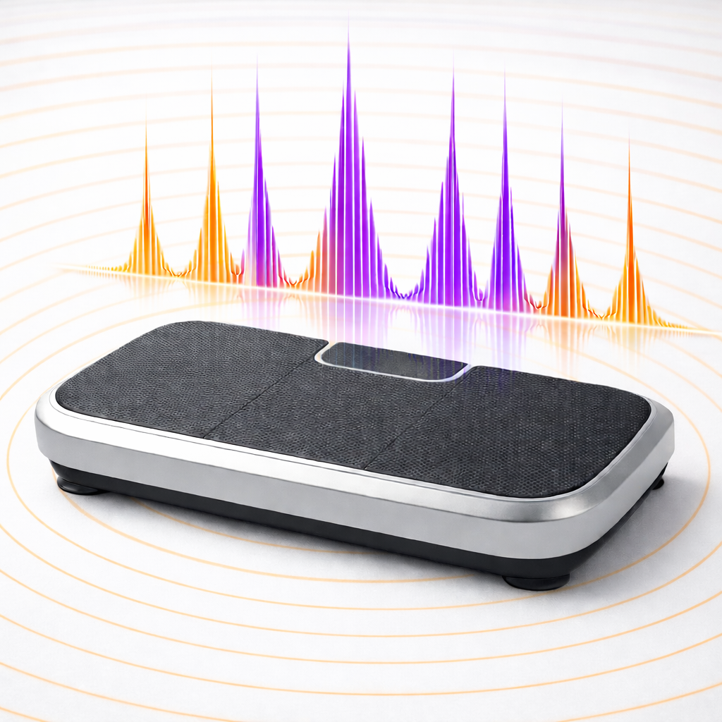 Whole Body Vibration platform with visualized mechanical oscillation waveform illustrating frequency and amplitude variation in structured mechanical input.