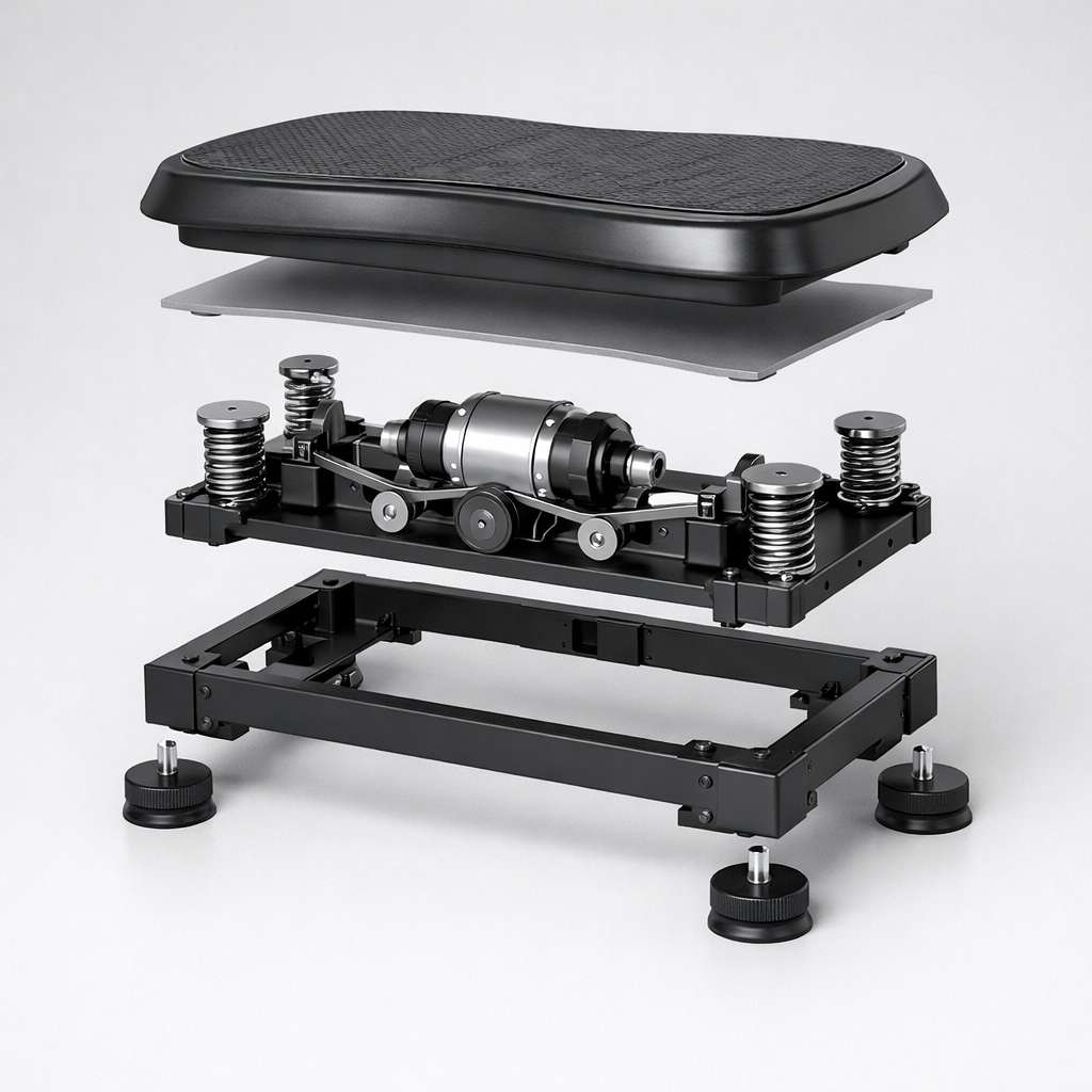 Exploded view of whole body vibration platform showing standing deck, motor assembly, drive linkage, frame structure, and isolation feet in layered mechanical configuration.