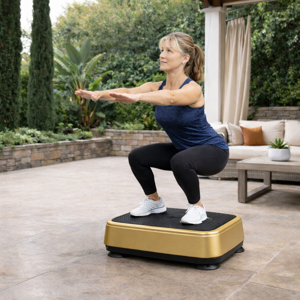 Whole body vibration platform used in a residential setting with controlled squat posture demonstrating mechanical vibration transmission through lower body musculature.