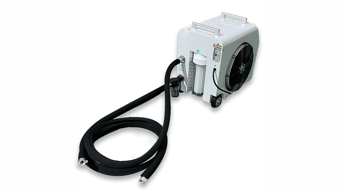 0.8 HP cold plunge chiller system with connected hoses and integrated filtration components during setup configuration
