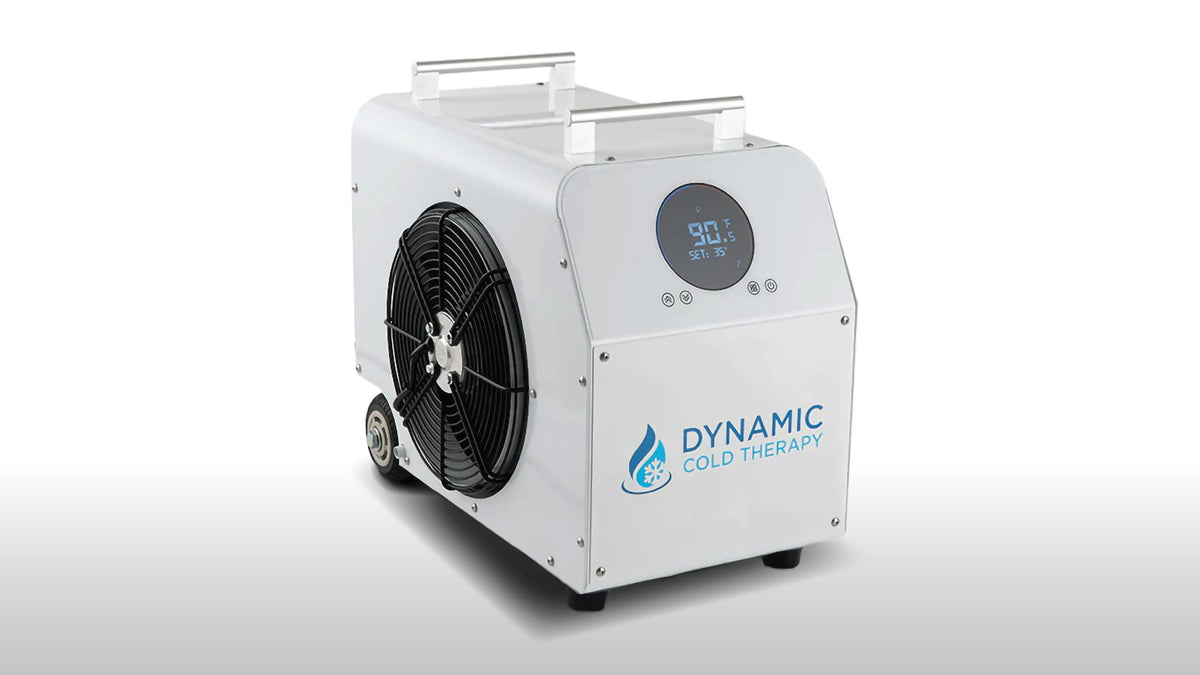 0.8 HP cold plunge chiller unit showing digital display and cooling fan in angled product view