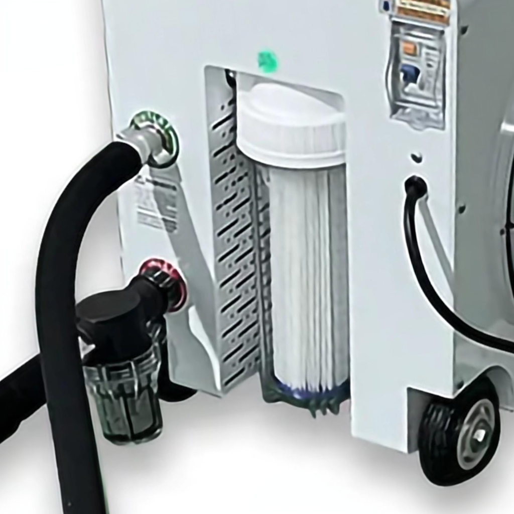 1.0 HP cold plunge chiller filtration system showing internal filter housing and hose connections in operational setup