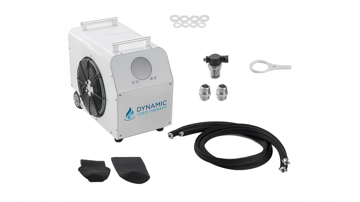 1.0 HP cold plunge chiller system kit with hoses filter housing and connection components arranged for installation