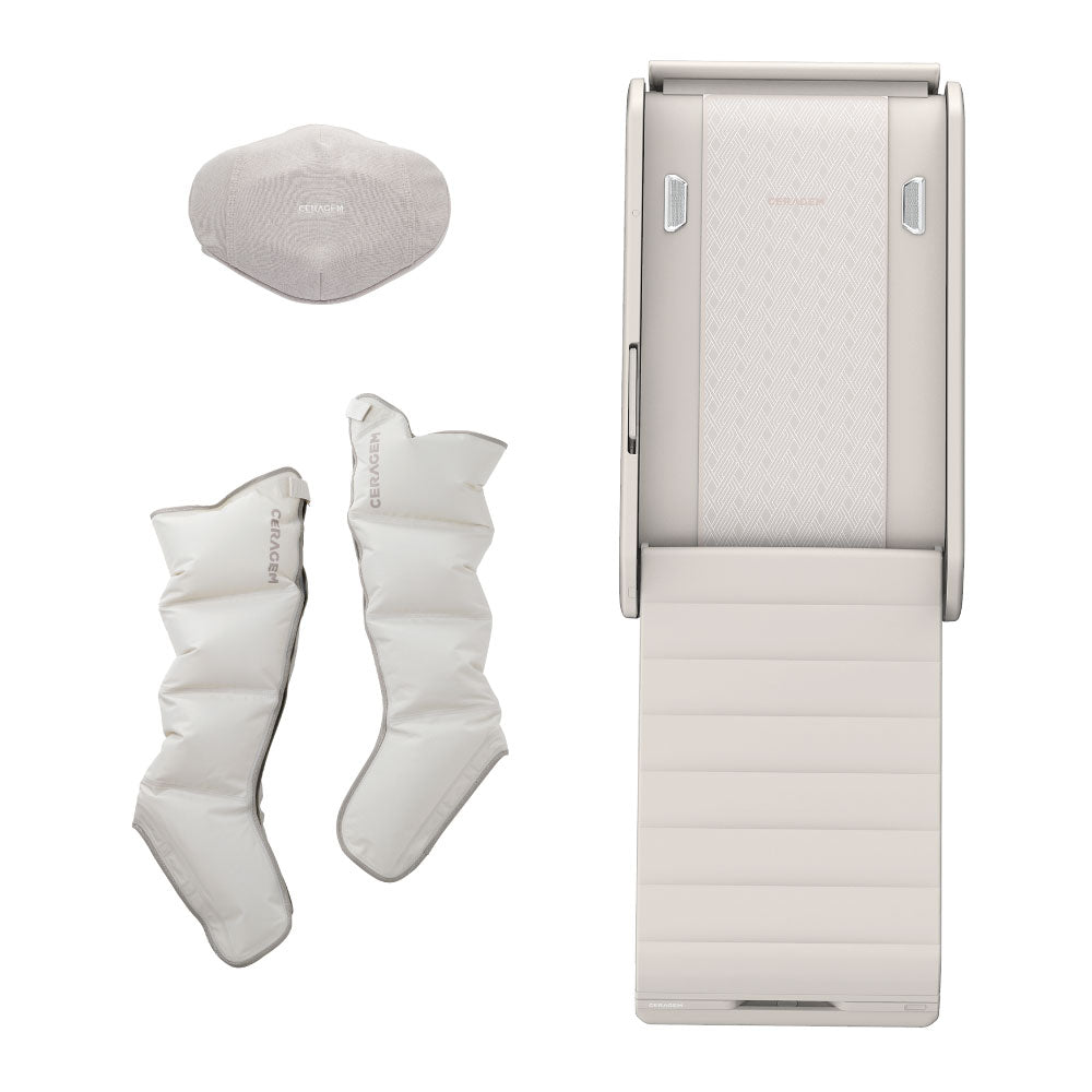 Ceragem Master V7 thermal massage bed components including leg massager sleeves and abdominal thermal projector displayed with system