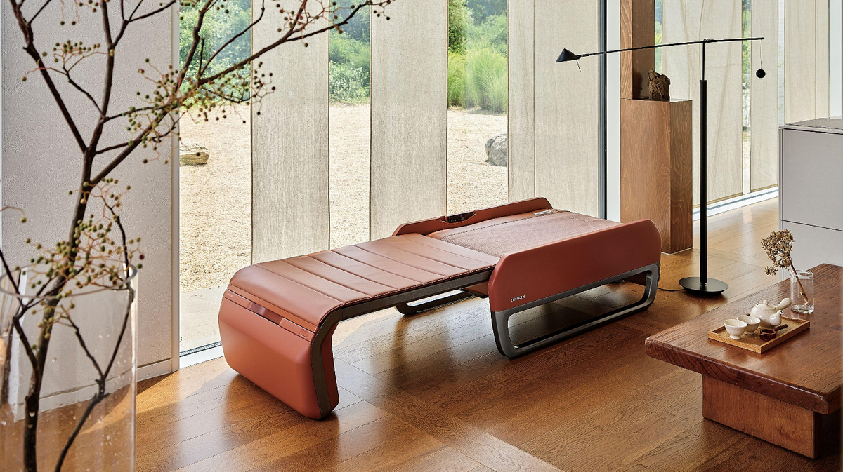 Ceragem Master V7 thermal massage bed placed in modern living room with natural light showing premium in-home wellness environment