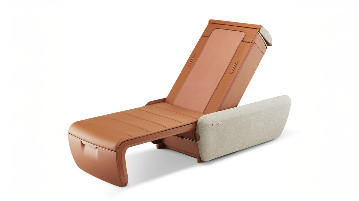 Ceragem Master V9 massage bed in brown color displayed in elevated recline position highlighting full-body support