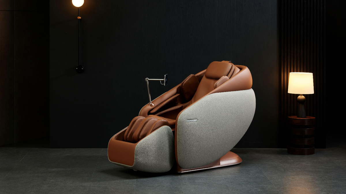 Ceragem Pause M10 massage chair positioned in dark ambient room with lighting highlighting full body massage system design