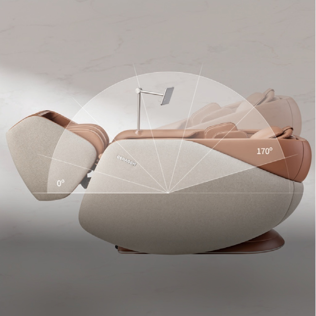 Ceragem Pause M10 massage chair recline range diagram illustrating 170 degree positioning and zero gravity transition