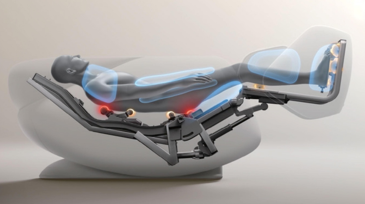 Ceragem Pause M10 massage chair spinal therapy system demonstrating thermal rollers and full body positioning visualization