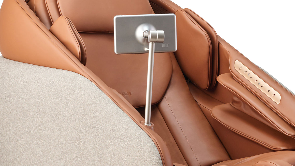 Ceragem Pause M10 massage chair touchscreen controller mounted on adjustable arm showing control interface close up