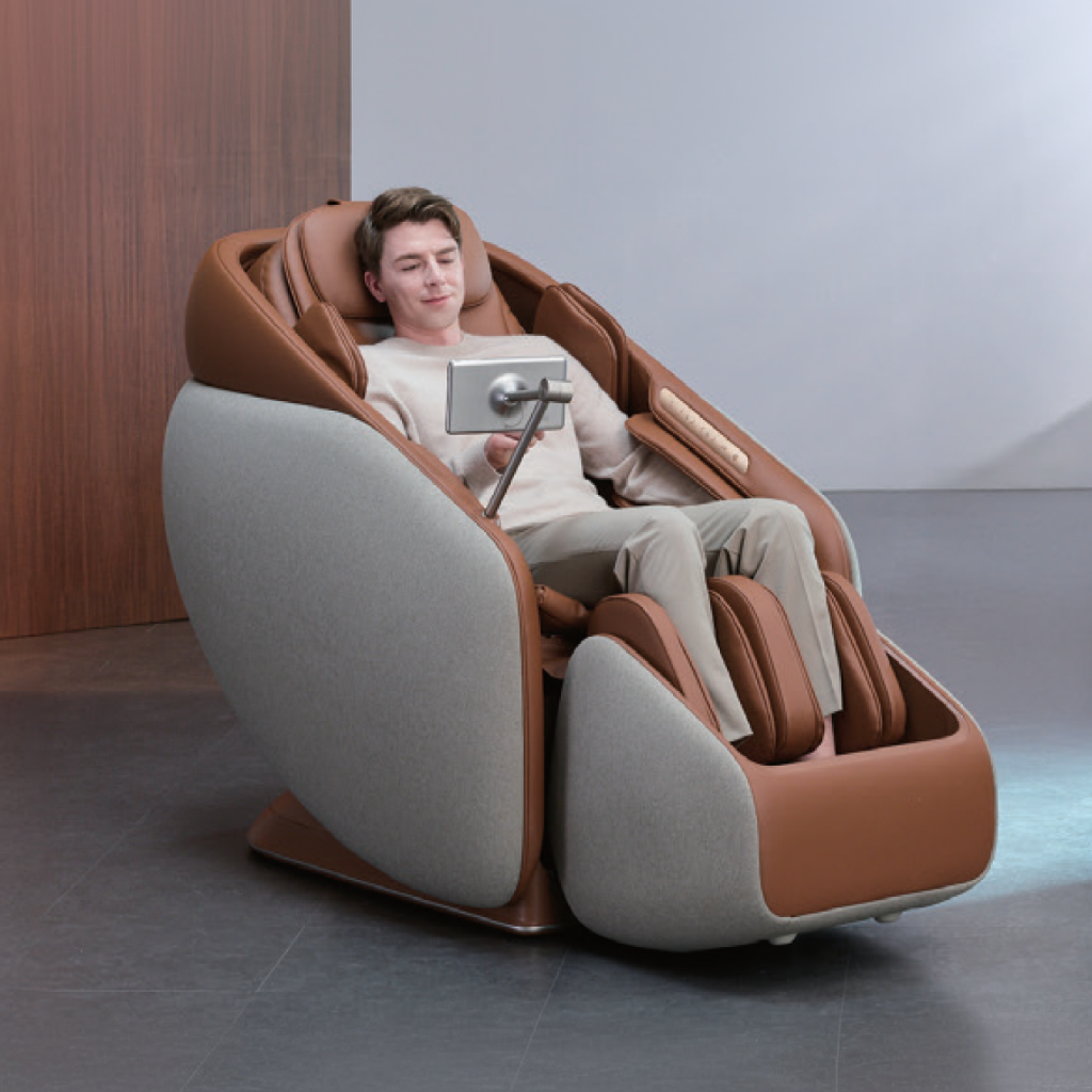 Ceragem Pause M10 massage chair in use with seated user demonstrating full body massage positioning and control interaction