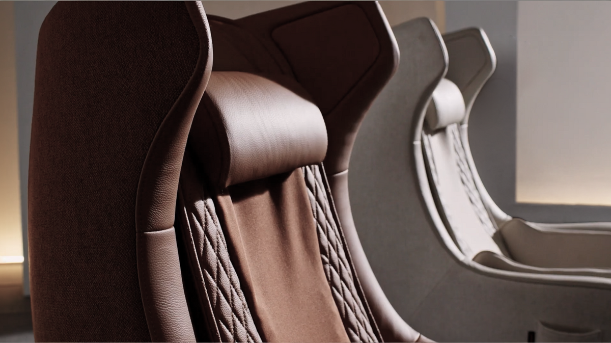 Ceragem Pause M4 massage chair backrest detail shown in close-up with dual chair display