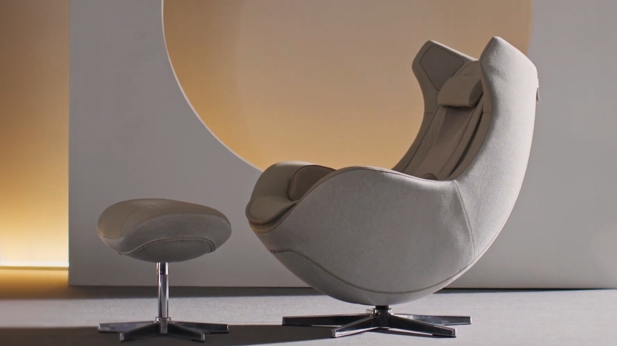 Ceragem Pause M4 massage chair side profile with ottoman in modern studio environment