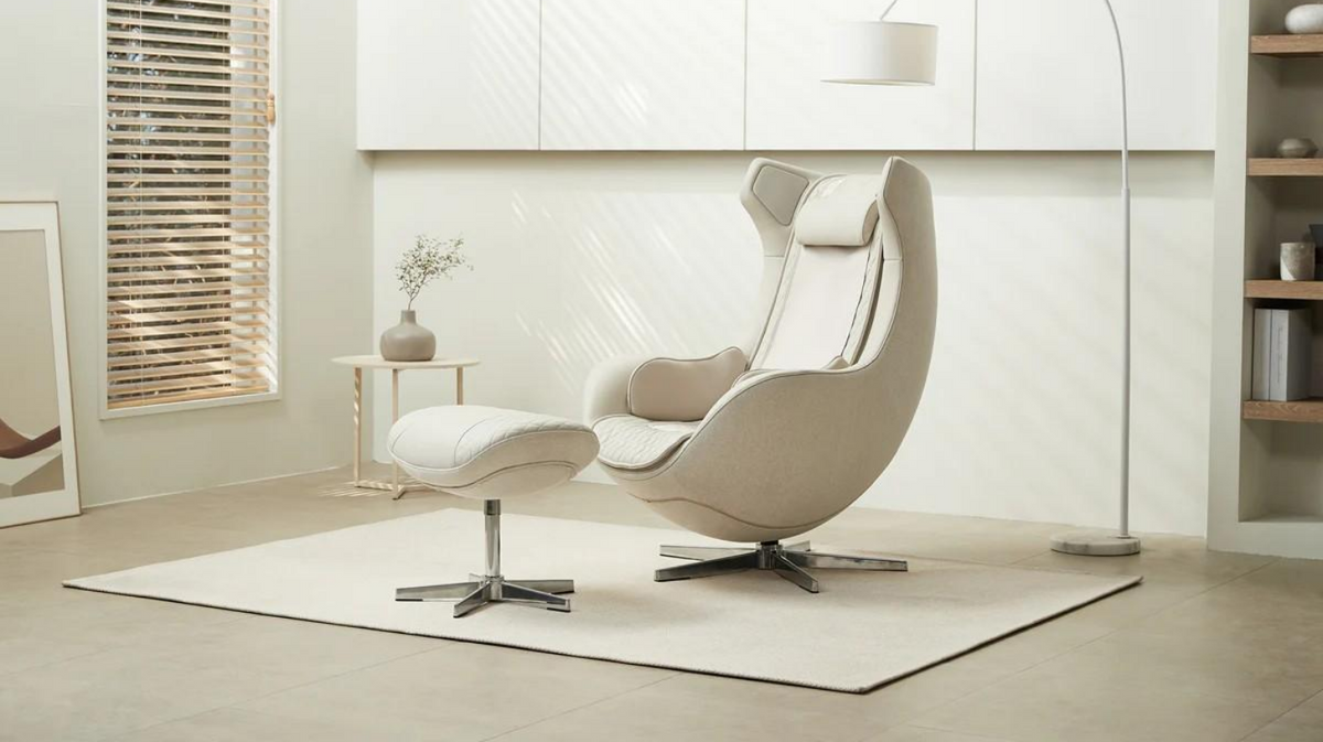 Ceragem Pause M4 massage chair with ottoman positioned in modern home living room setting