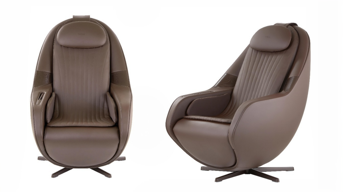 Ceragem Pause M6 massage chair front and side profile in espresso displayed on neutral background