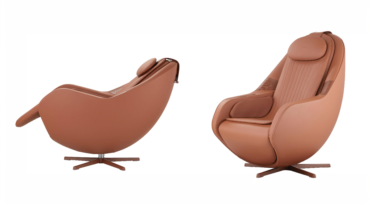 Ceragem Pause M6 massage chair reclined side profile in brown color on neutral background
