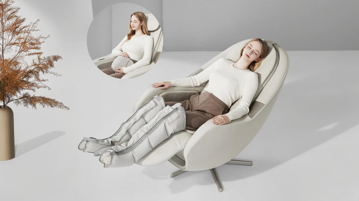 Ceragem Pause M6 massage chair in zero gravity position with user receiving leg compression in home environment
