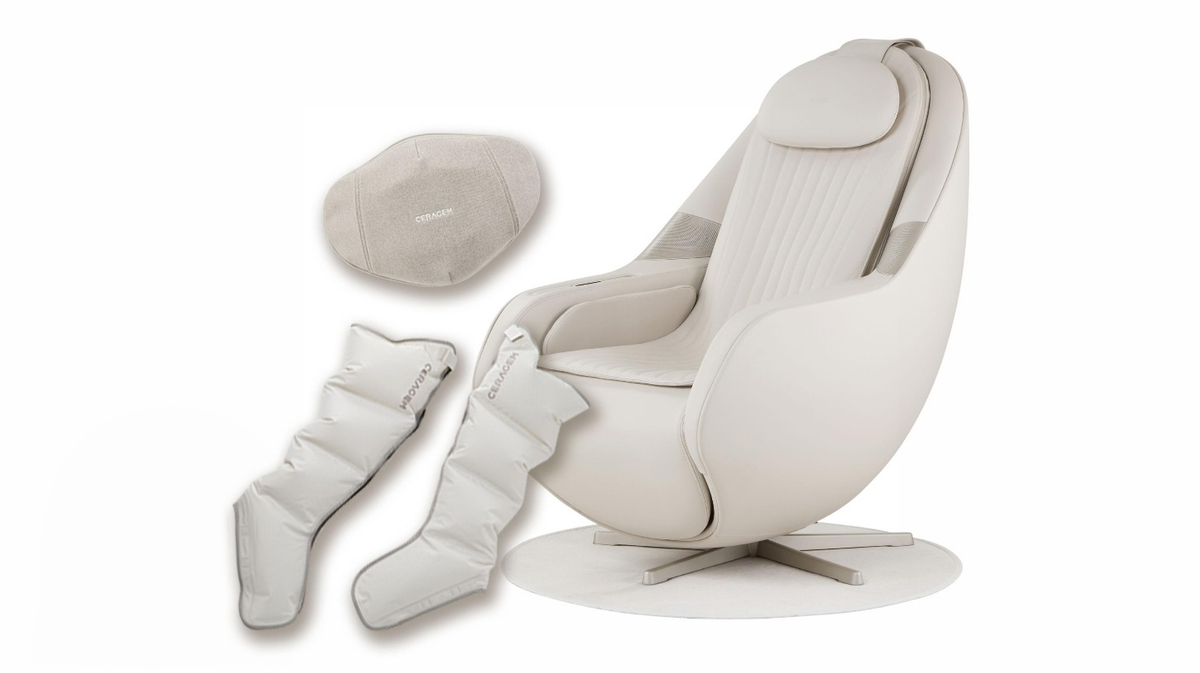 Ceragem Pause M6 massage chair with abdominal massager and leg compression accessories displayed together