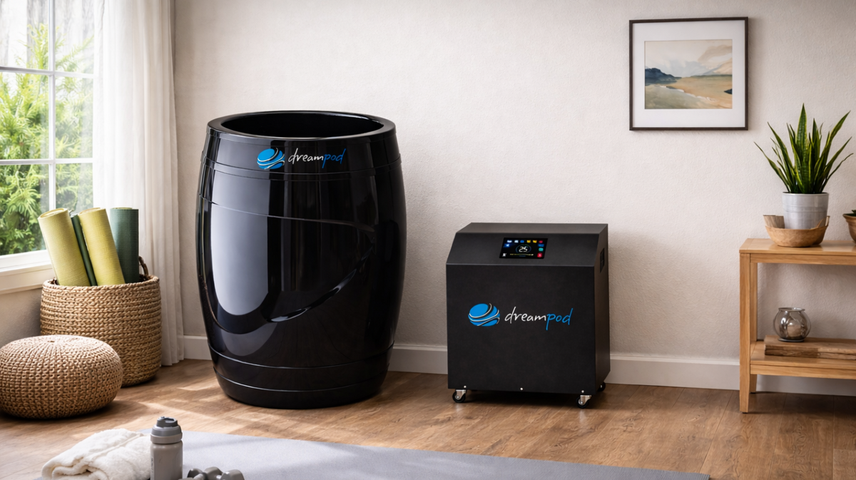 Dreampod cold plunge barrel and chiller system positioned in home exercise room with natural lighting