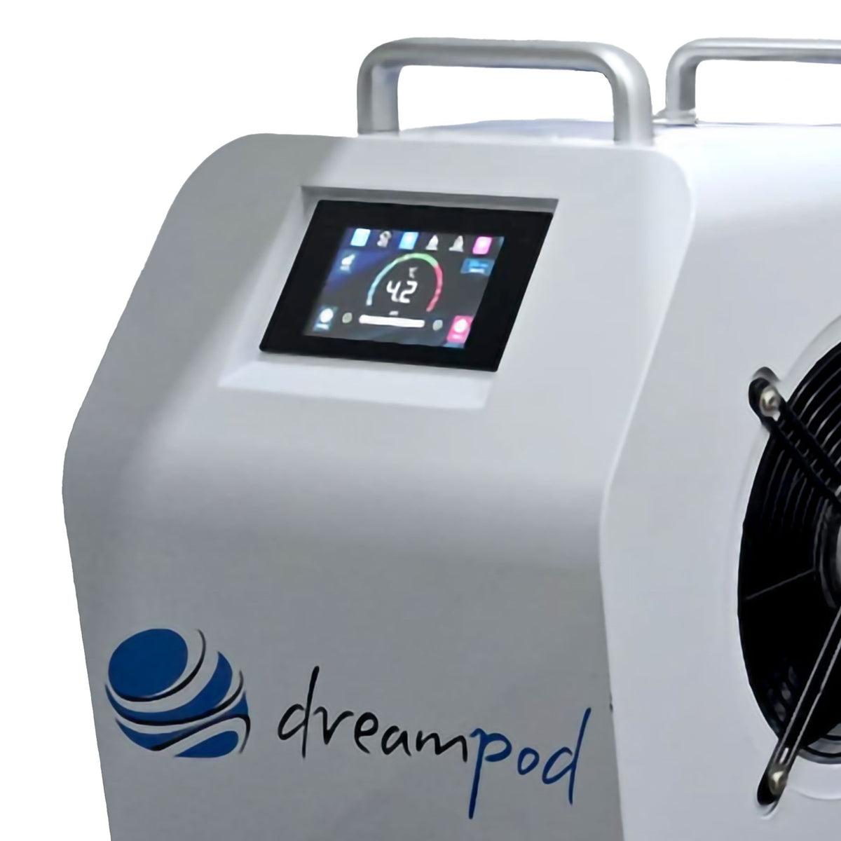 Dreampod cold plunge tub and chiller system positioned together highlighting integrated cold plunge setup