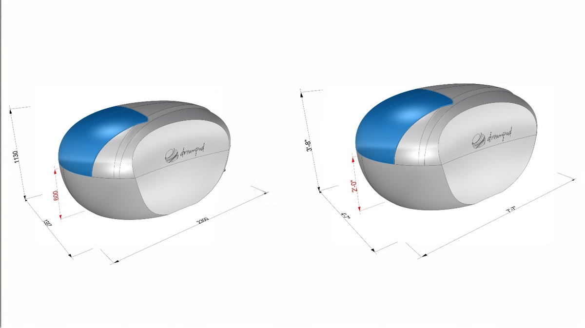 Dreampod Home Float Plus float tank exterior dimensions diagram showing length width and height measurements