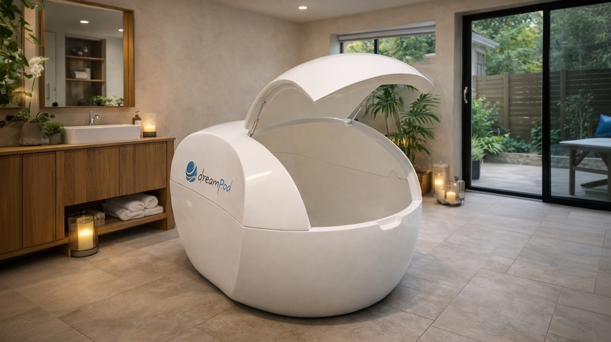 Dreampod Home Float Plus float tank open in indoor spa bathroom with natural light and modern wellness environment