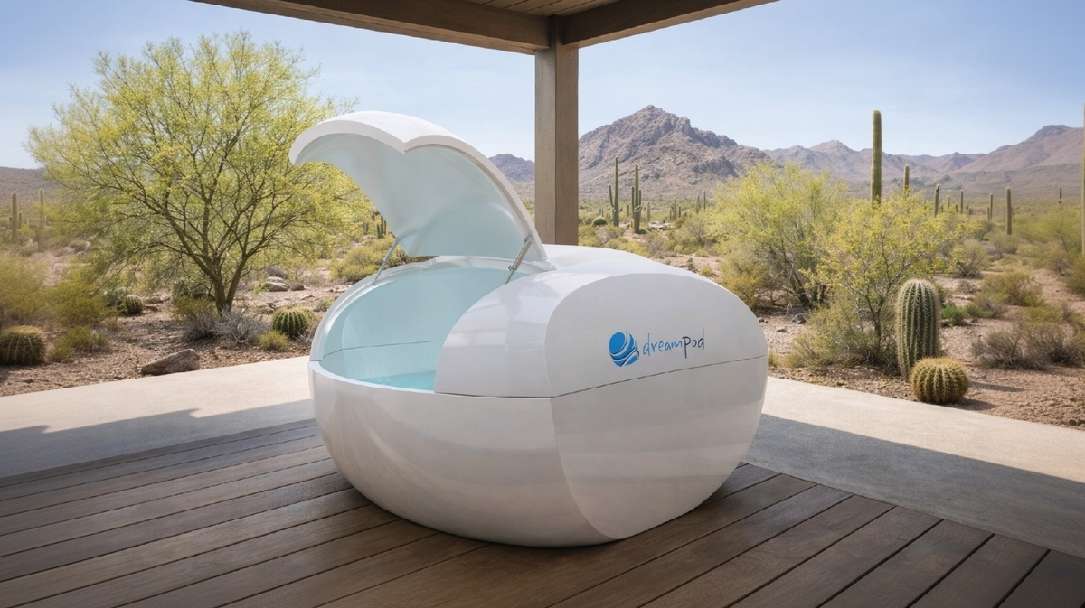Dreampod Home Float Plus float tank open lid outdoor desert patio setting with mountains and natural landscape
